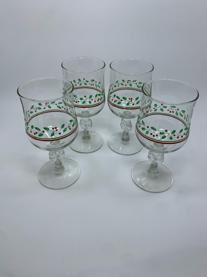 4 HOLLY GOBLETS W/GLASS BOW.