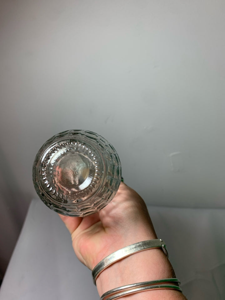 TEXTURED GLASS EMPTY BOTTLE W WOOD TOP.