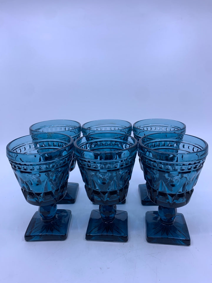 6 BLUE CUT GLASS FOOTED GLASSES.