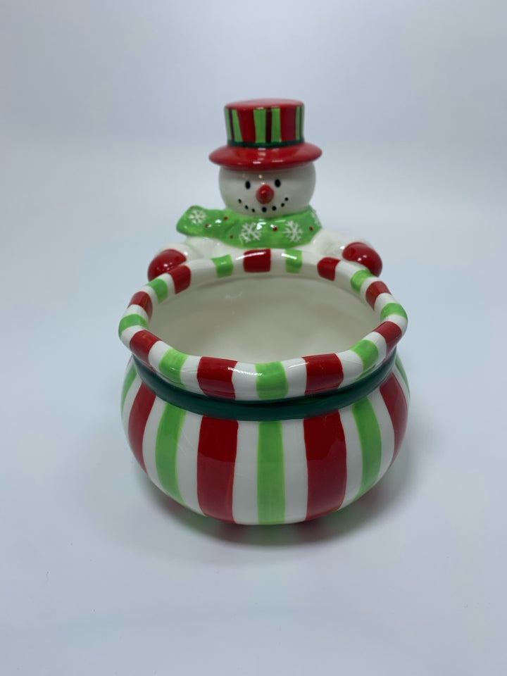 CERAMIC SNOWMAN HOLDING STRIPED SACK CANDY DISH.