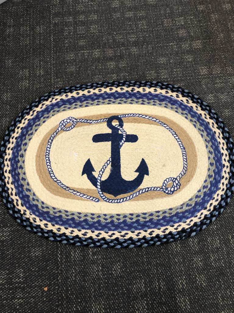 NAVY ANCHOR BRAIDED JUTE RUG.