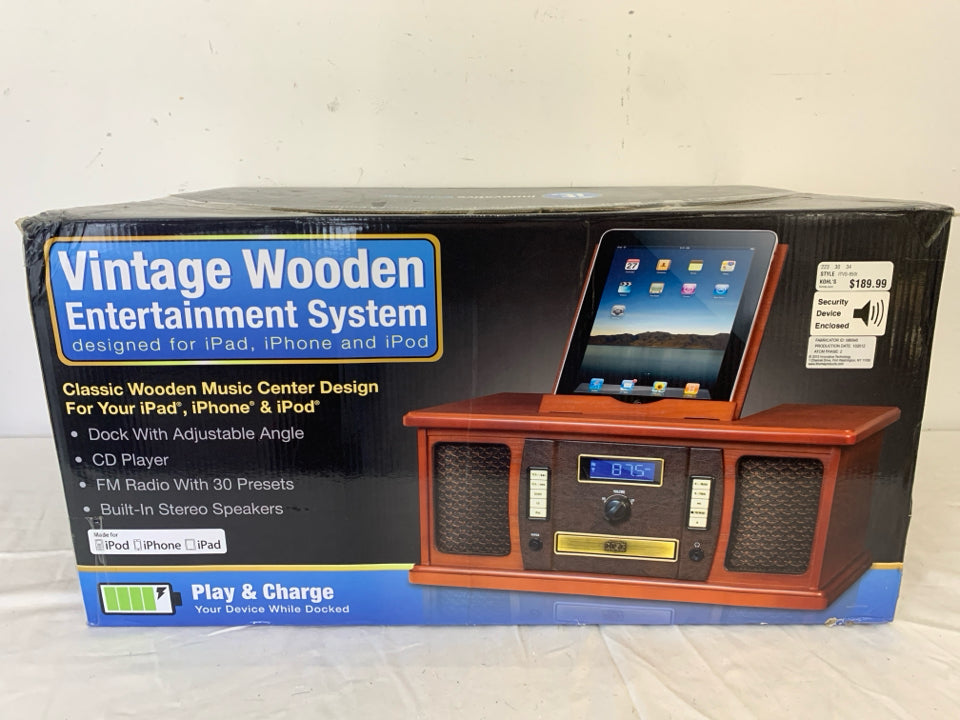 NIB VTG STYLE WOOD ENTERTAINMENT STEREO MUSIC CENTER.