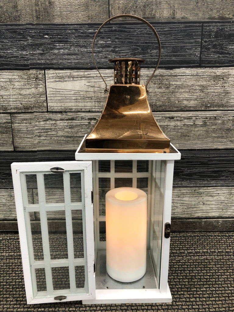 WHITE WOOD + COPPER FAUX CANDLE LANTERN.