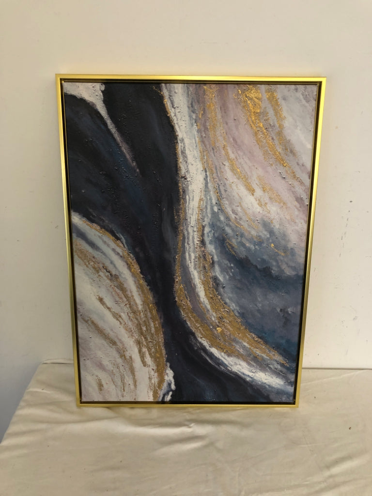 DARK BLUE, WHITE + TEXTURED GOLD ABSTRACT CANVAS IN GOLD FRAME.