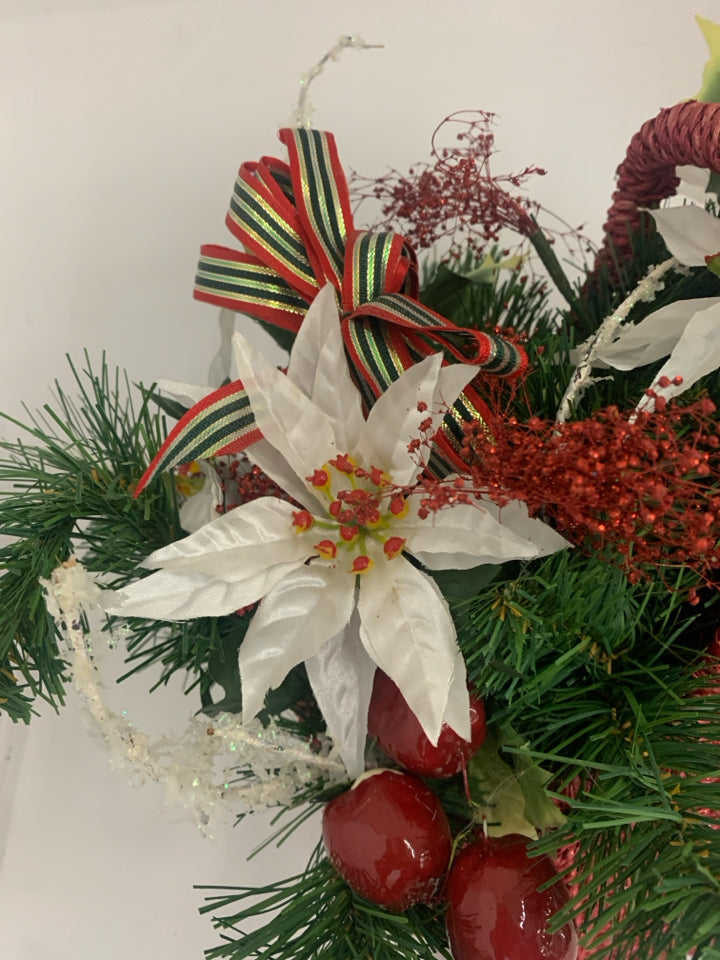 RED STAR BASKET W FAUX WHITE POINSETTIA.