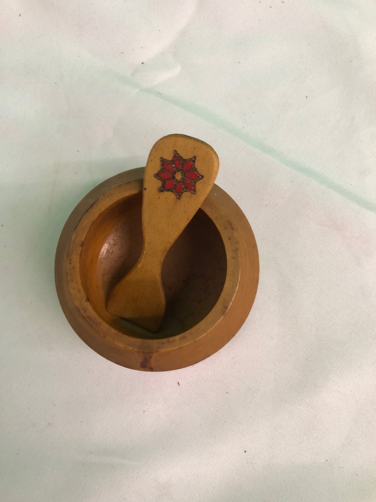 WOOD PAINTED SALT BOWL W SPOON.
