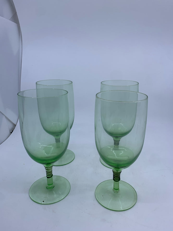 4 GREEN GLASS GOBLETS.