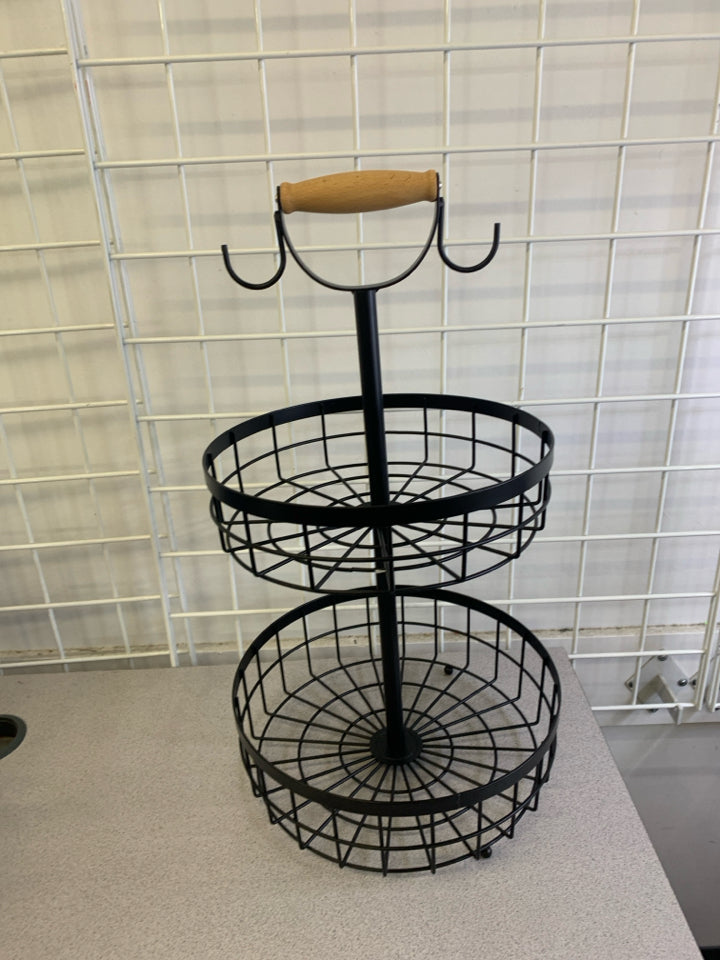2 TIER BLACK METAL FRUIT BASKET W/ WOOD HANDLE.