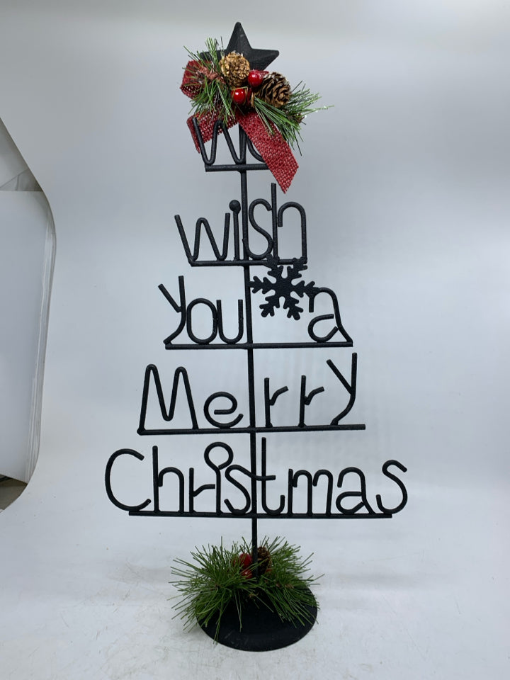 METAL STANDING TREE SPELLING WE WISH A MERRY CHRISTMAS.