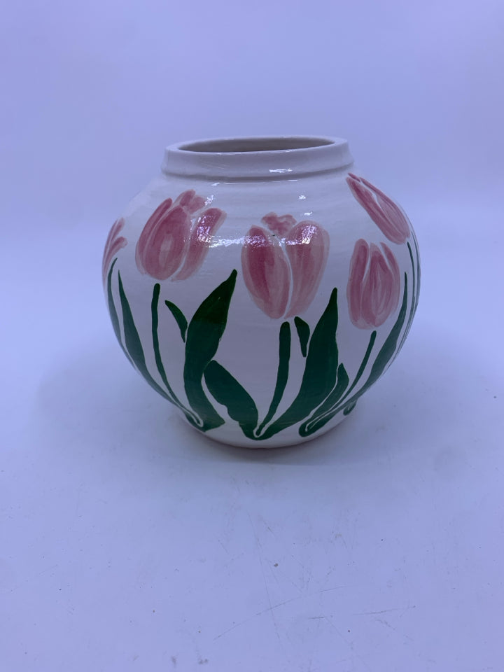 SMALL ROUND PINK TULIP VASE.