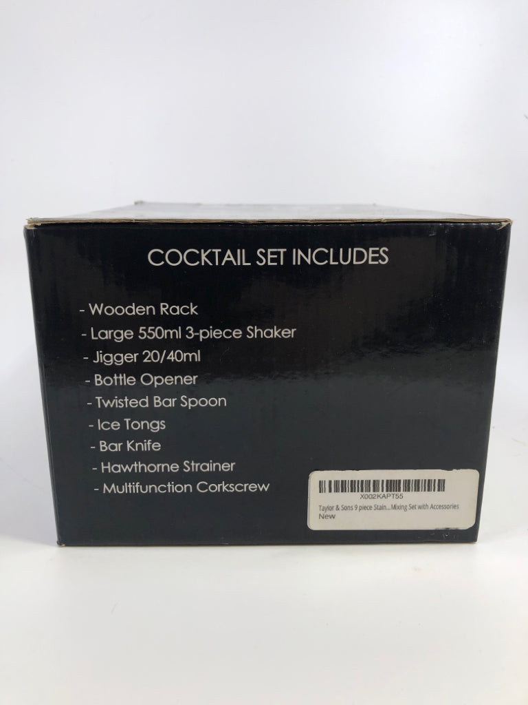 NIB STAINLESS STEEL 9PC COCKTAIL SET TAYLOR&SONS.