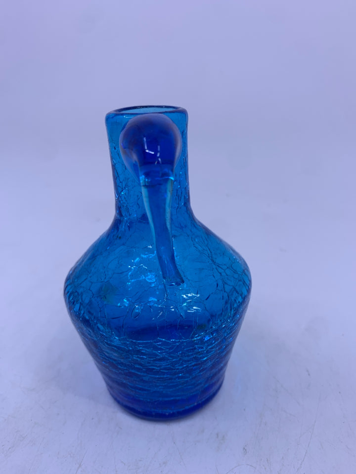 MINI BLUE CRACKLE GLASS PITCHER.