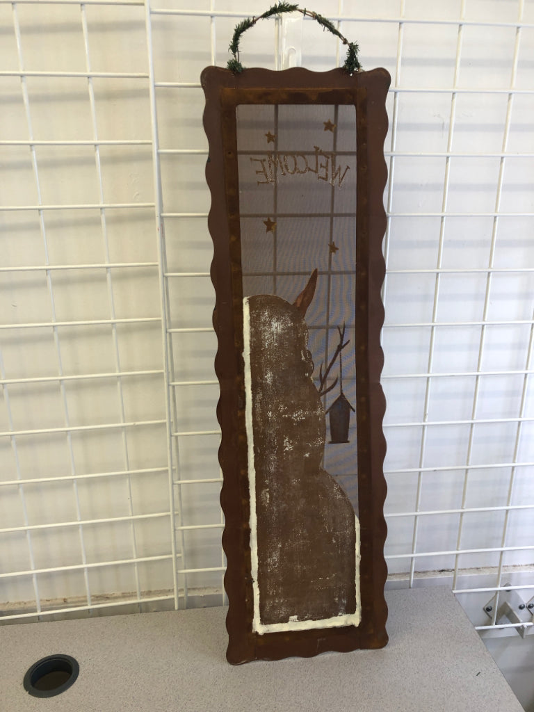 WELCOME SNOWMAN PAINTED ALUMINUM DOOR HANGING.