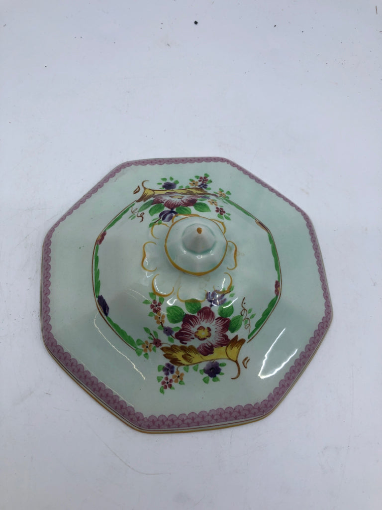 VTG GREEN W PINK FLORAL SERVING DISH W LID- CAYLX WARE.