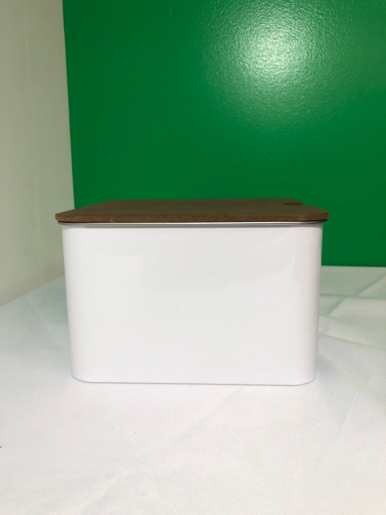 WHITE ENAMEL METAL CANISTER W WOOD LID.