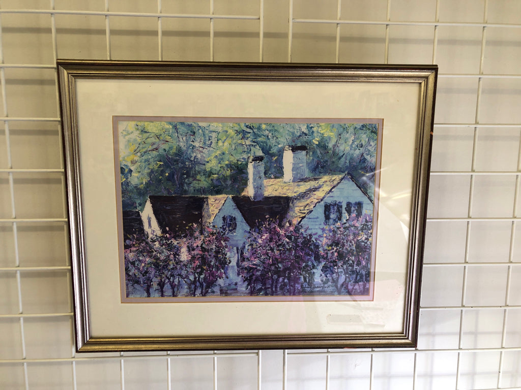 PURPLE FLOWERS COTTAGE FRAMED PAINTING- SIGNED.