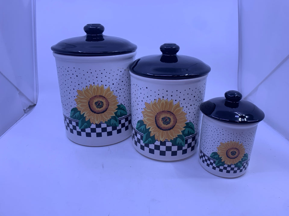 3 SUNFLOWER CANISTER W/ BLACK LIDS.