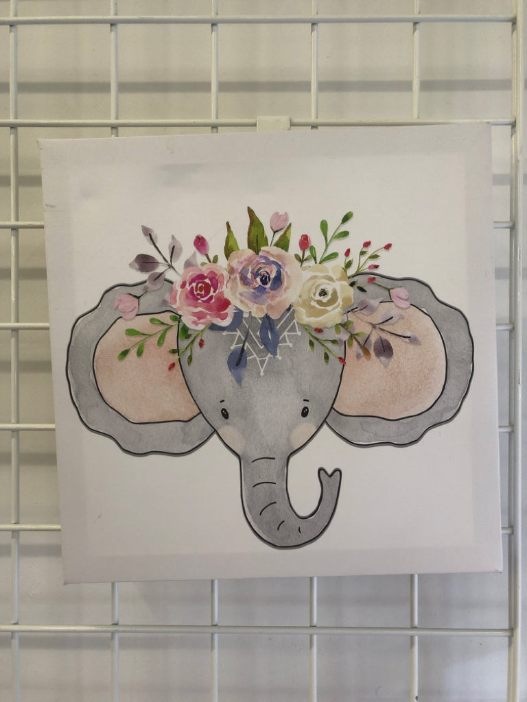 ELEPHANT WITH FLORAL CANVAS WALL ART.