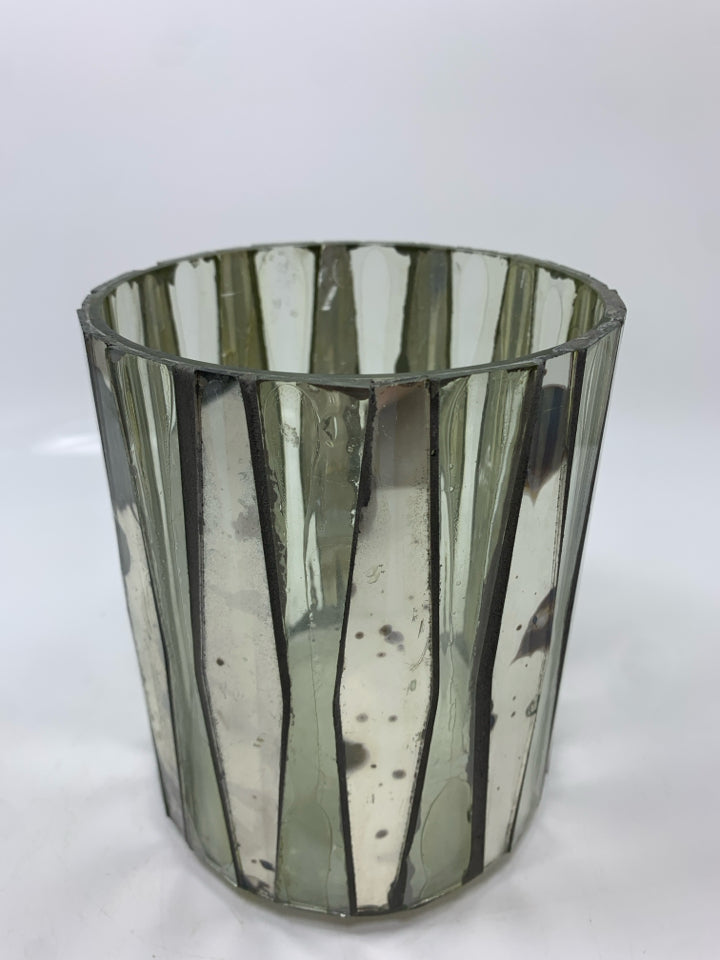 GLASS CANDLE HOLDER W/MIRRORED SIDES.
