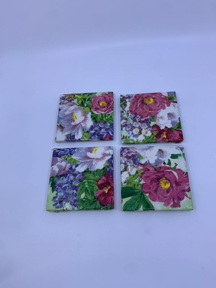4 PINK FLORAL CERAMIC COASTERS.