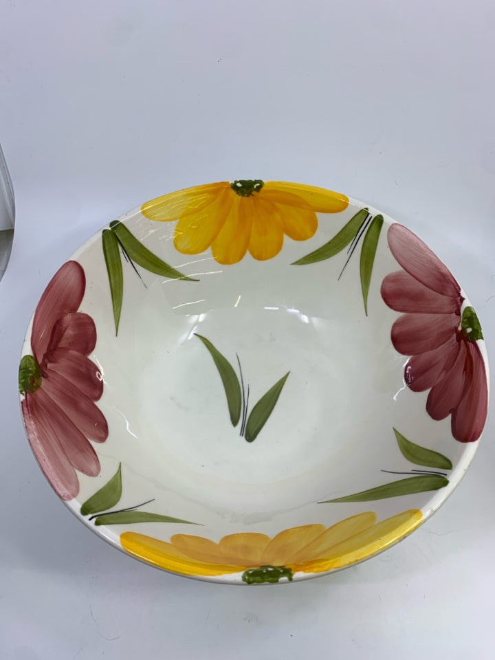 YELLOW & PINK FLORAL BOWL W/RIBBED OUTSIDE.