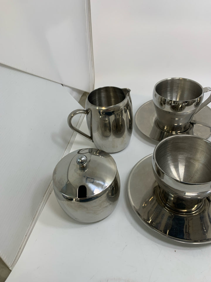 14 PC SVC 6 STAINLESS STEAL CUPS & SAUCERS W/ SUG/CREAMER MEGA EURO.