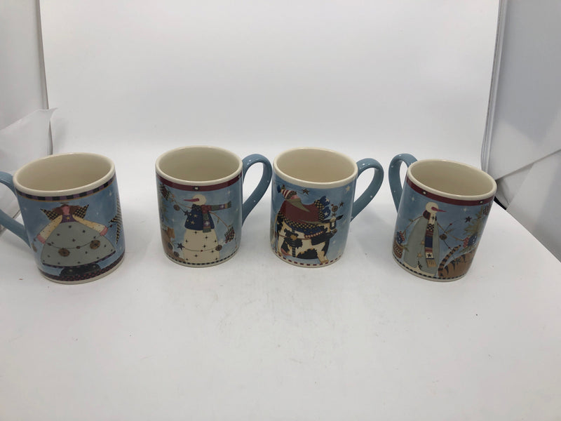 4 BLUE PRIMITIVE CHRISTMAS MUGS.