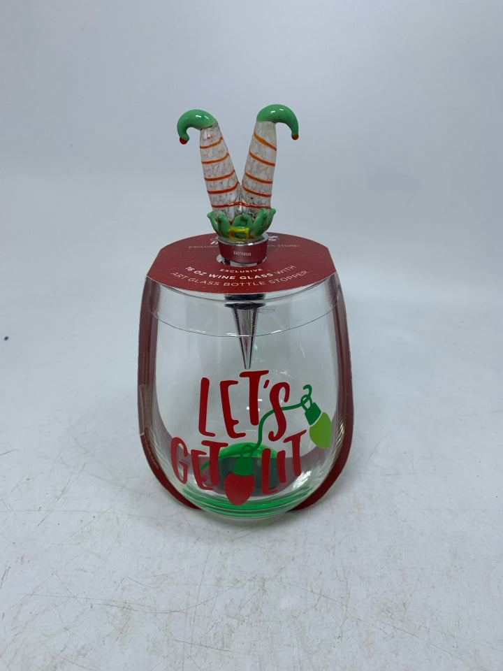 NIP STEMLESS LET'S GET LIT WINE GLASS W/ ART GLASS BOTTLE STOPPER.