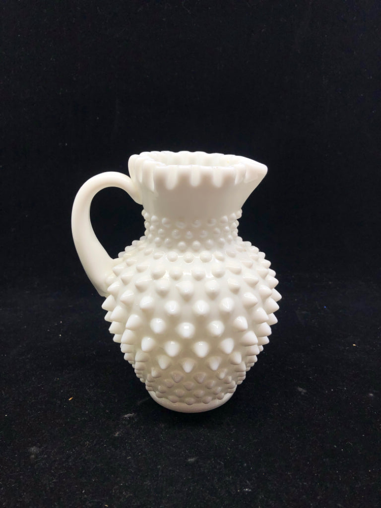 VTG TIGHT RUFFLE MILK GLASS HOBBNAILED PITCHER.