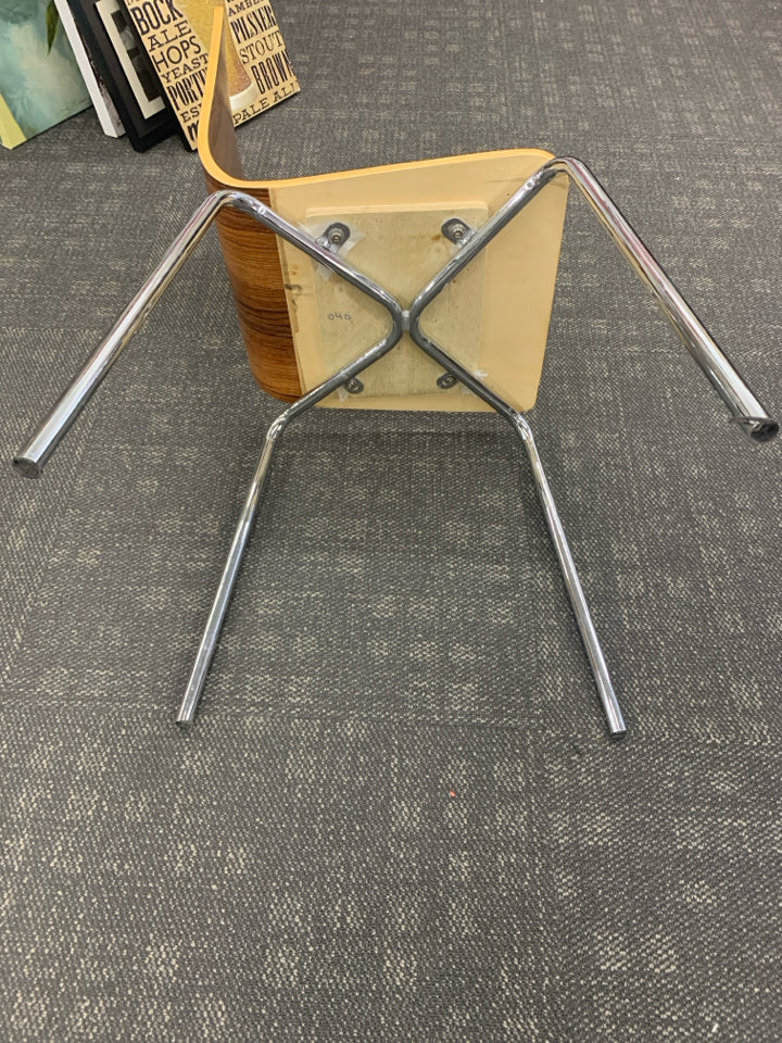 LAMINATE WOOD DESK CHAIR W/ SILVER LEGS.