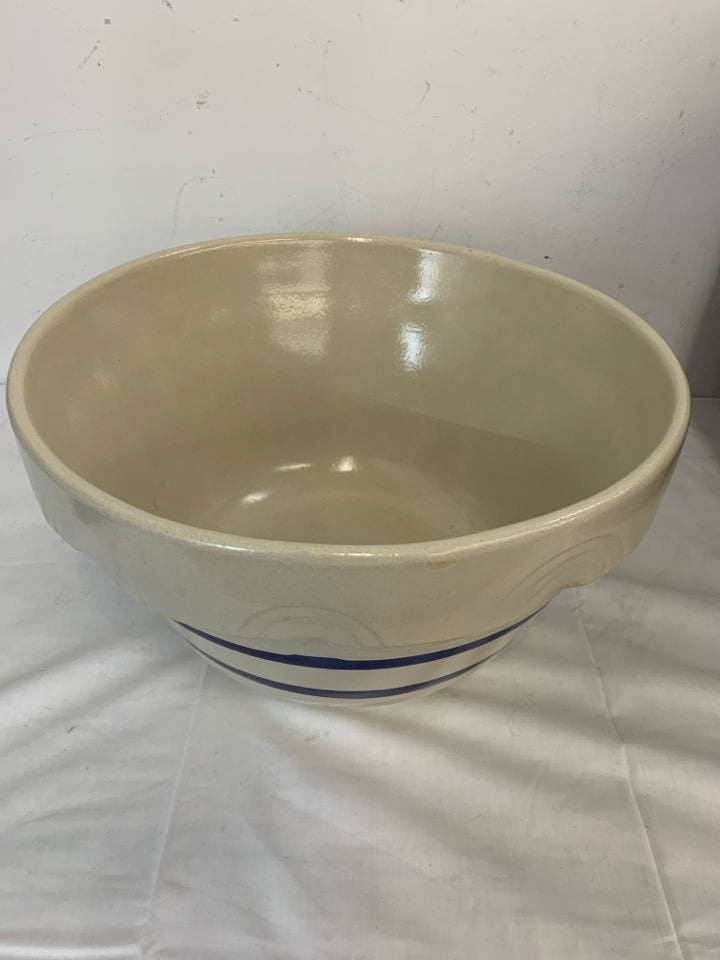 VTG HEAVY CREAM AND BLUE POTTERY BOWL-RANSBOTTOM.