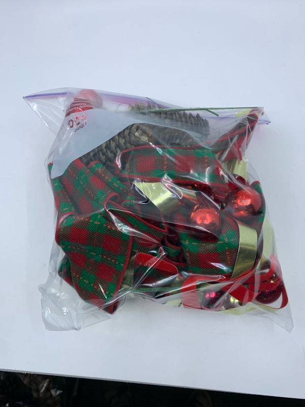 BAG OF WREATH DECOR- PINECONES & PLAID RIBBON