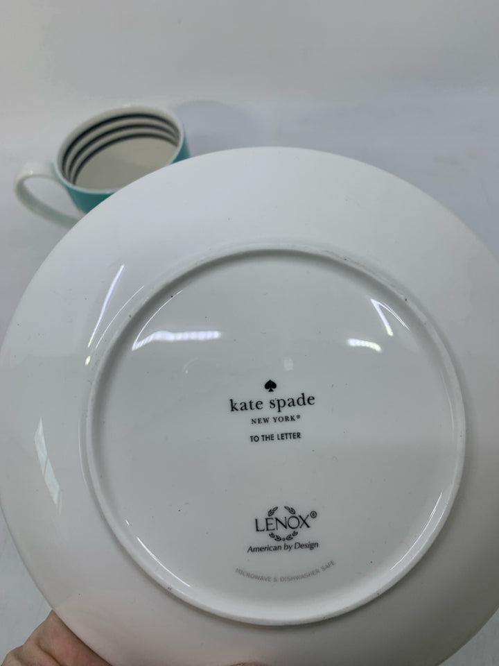 2 PC TEAL STRIPED MONOGRAM E MUG/PLATE LENOX.