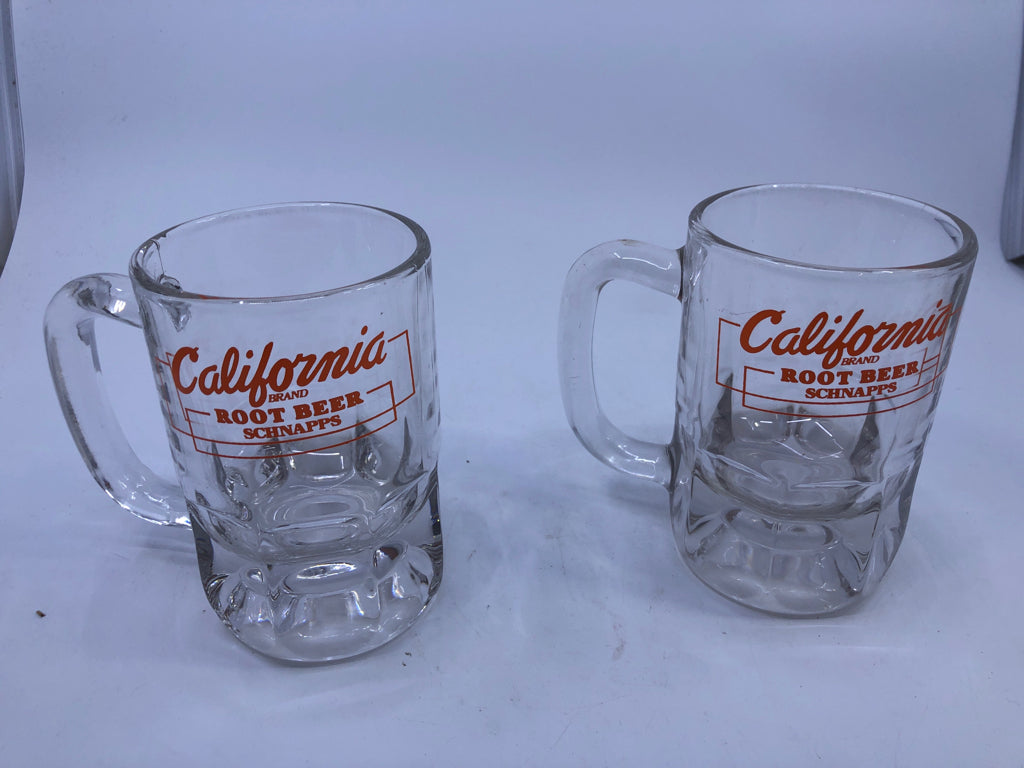 2 HEAVY GLASS CALIFORNIA ROOT BEER HANDLE MUGS.