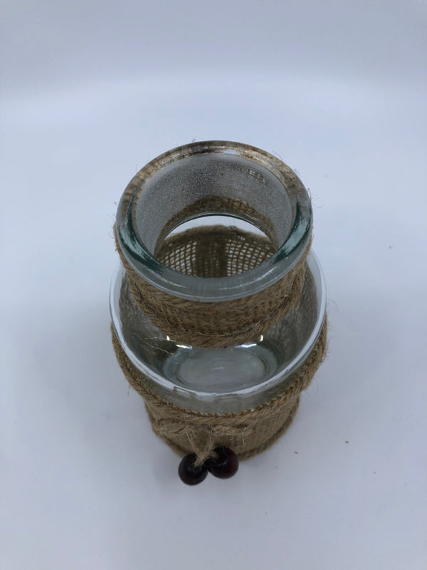 BURLAP COVERED JAR W/ BEADS THICK NECK.