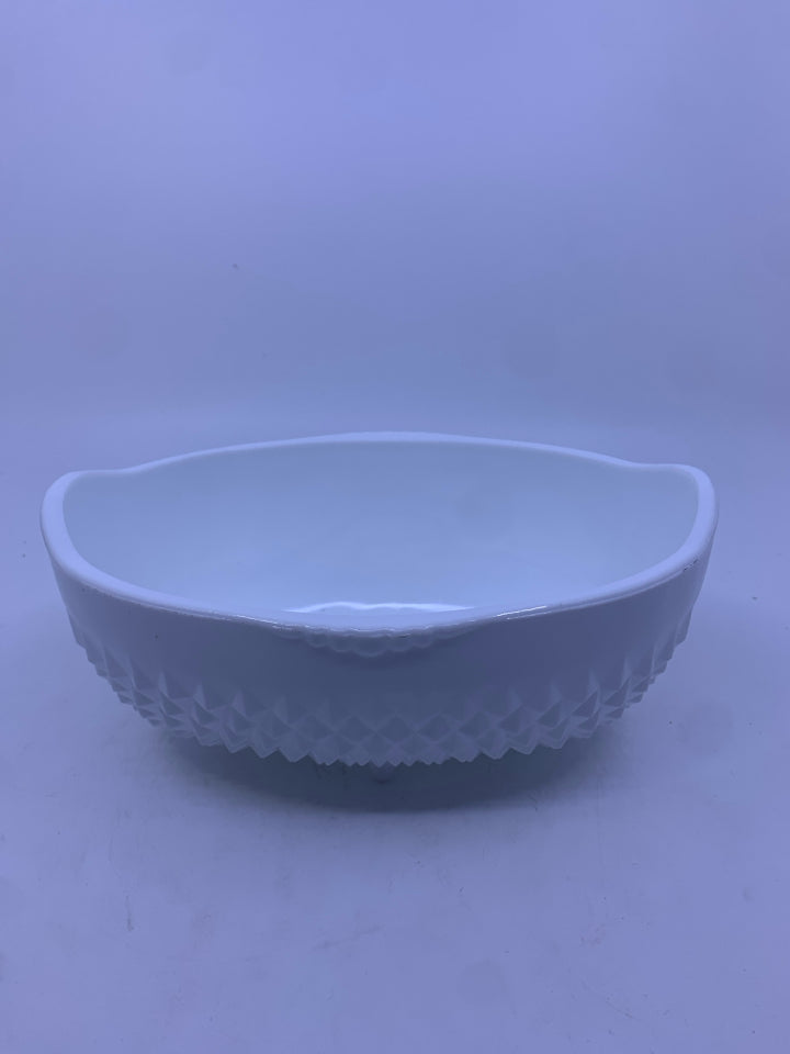 OVAL HOBNAIL MILK GLASS FOOTED DISH.