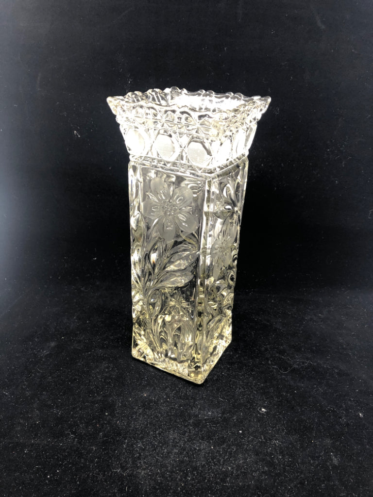 CUT GLASS HEAVY VASE EMBOSSED FLORAL FLARED TOP.