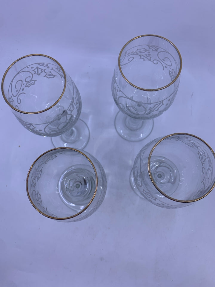 4 FESTIVE HOLLY LEAVES WINE GLASSES WITH GOLD RIM.