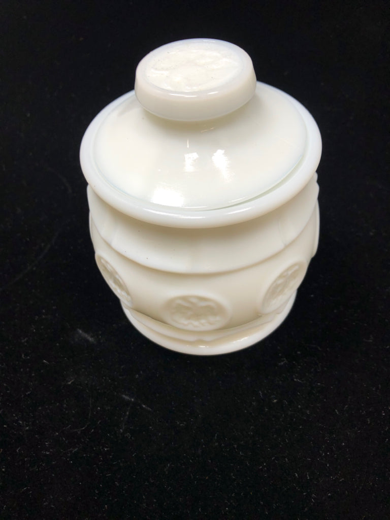 VTG MILK GLASS COVERED JAR W/EAGLE MEDALLION.