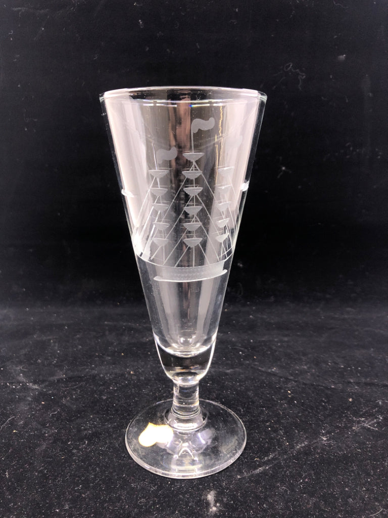 4 VTG JAVIT CRYSTAL BOAT ETCHED FOOTED GLASSES.