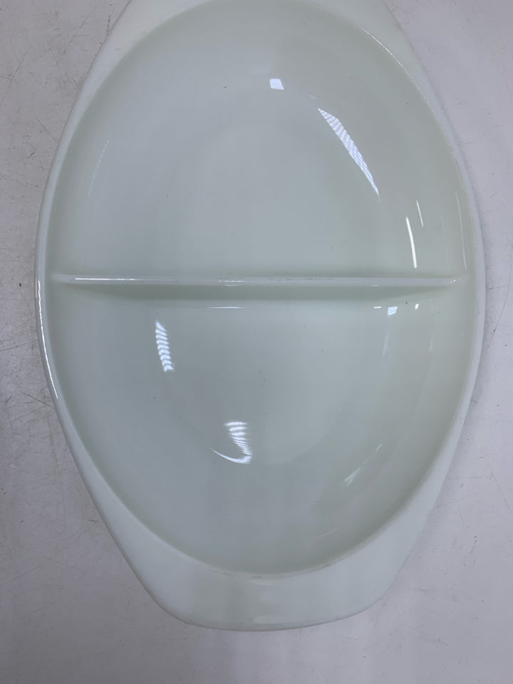 VTG OVAL MILK GLASS DIVIDED BAKING DISH.