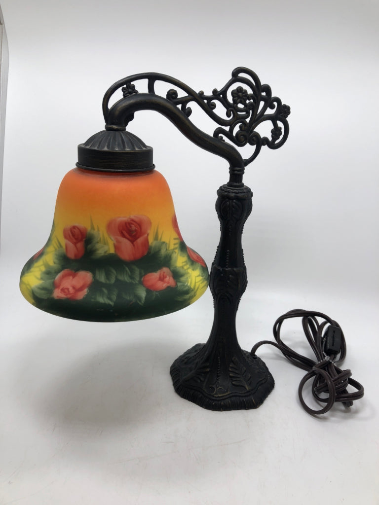 VICTORIAN STYLE RED ROSE GLASS SHADE LAMP.