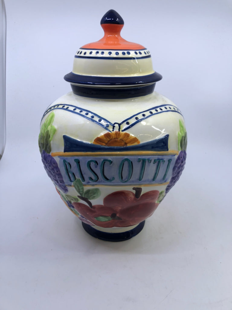 BISCOTTI CREAM/NAVY FRUIT EMBOSSED COOKIE JAR.
