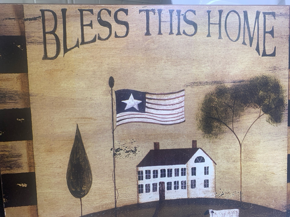 BLESS THIS HOME SHEEP, HOUSE PRIMITIVE PAINTED WOOD WALL ART.