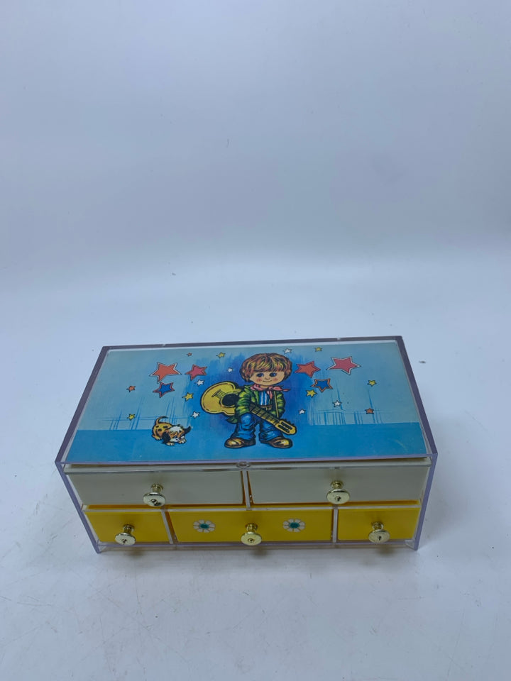 VTG PLASTIC 5 DRAWER KIDS JEWELRY BOX W/ BOY HOLDING GUITAR BRITISH DESIGN REGIS