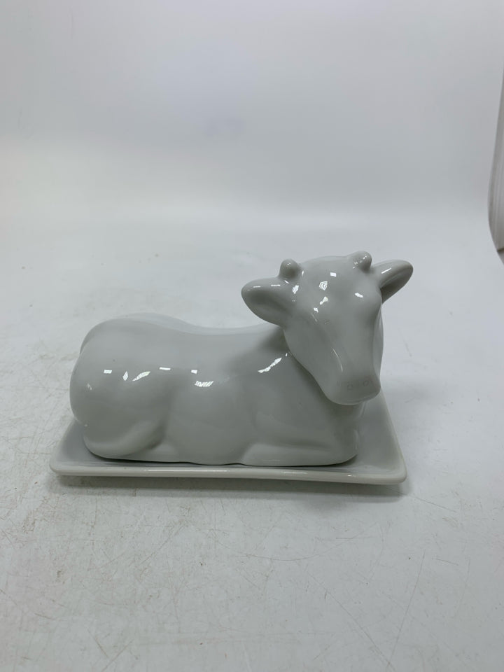 WHITE CERAMIC COW BUTTER DISH.