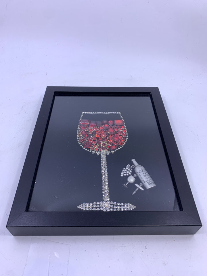 BEDAZZLED WINE GLASS RED/SILVER BLACK FRAME WALL HANGING.
