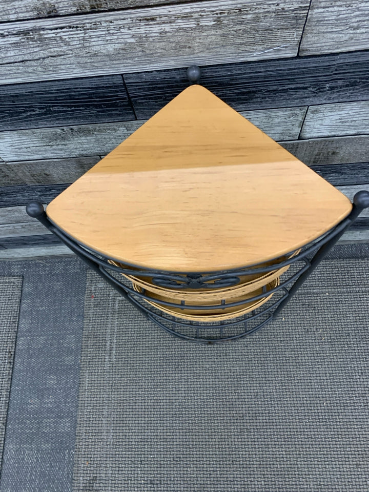 WROUGHT IRON CORNER SHELF W/2 BASKETS.