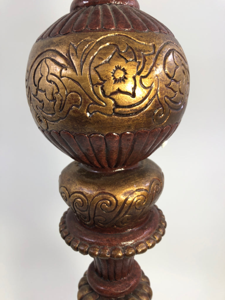 ORNATE WOOD DECOR W/WOOD CARVED FLORAL DESIGN+METAL BASE.