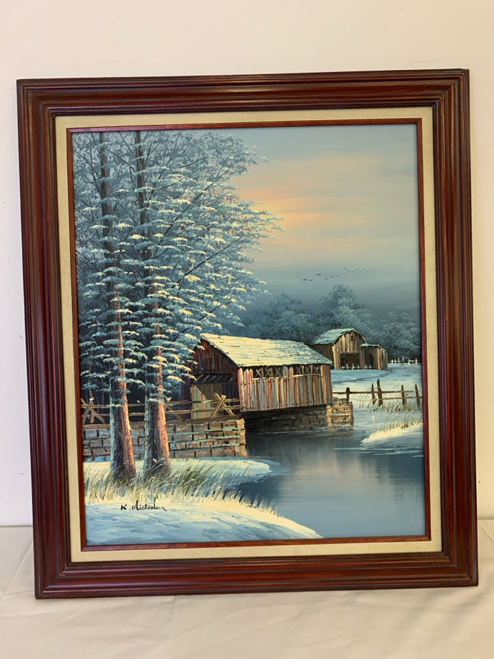 WOODEN BRIDGE WINTER SCENE PAINTING IN CHERRY WOOD FRAME.